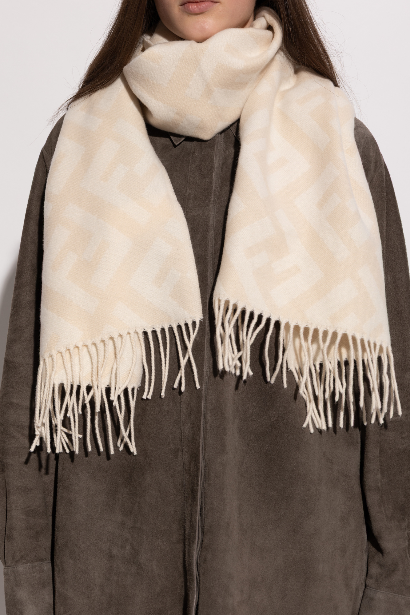 FENDI stole （ram） Fendi Scarf Shawl Stole Black Brown Unisex Cashmere Silk FF Logo
